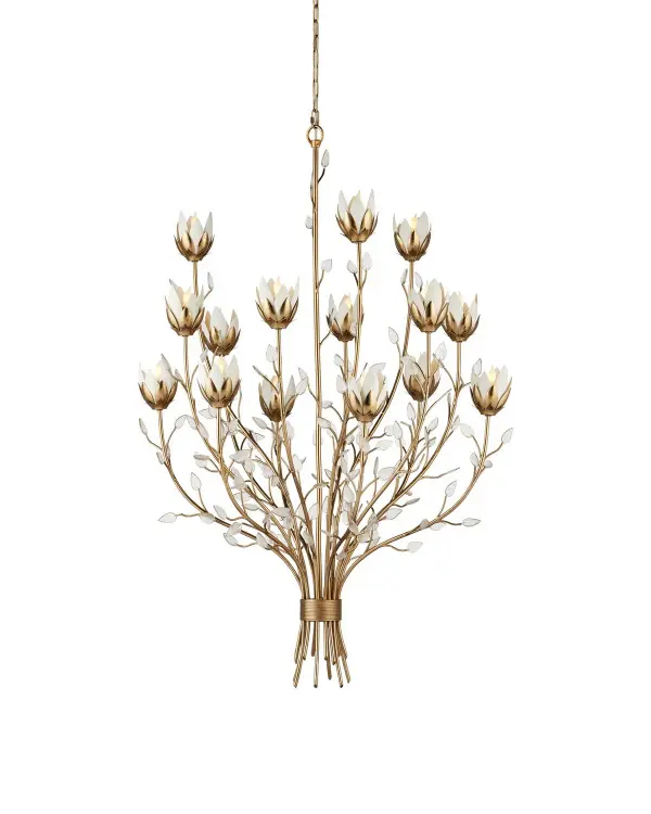 This dramatic 15-light chandelier brings nature-inspired elegance with its bold magnolia blossom design in antique brass and white glass petals. At 36 inches wide and highly adjustable, it commands attention in grand spaces.