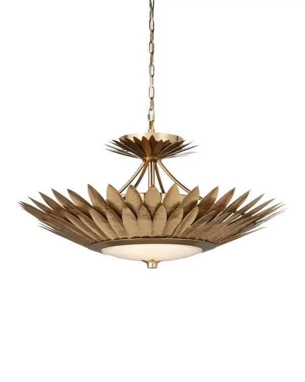 The Currey & Company Plumage Semi-Flush Mount has two even rows of hammered brass leaves in a gold finish that flow around its circular frame Adjustable from 14.5" to 91.25" with use of included chain/rod kit/cable. If your space calls for a longer drop, additional chain/rods/cable is available for purchase. Collection: Plumage Finish: Antique Brass/White Width: 29.50" Height: 14.50" Weight: 19.00 lb Chain: 6' Antique Brass Wire: 13'Clear Silver Canopy: 1" Number of Bulbs: 1 Maximum Wattage: 17.00 W Bulb Base: Integrated Light Source: LED Color Temperature: 2700 K Dimmable Voltage: 120.00 V Material: Brass / Metal / Glass Country of Origin: India LED Manufacturer Warranty: Warrants products for 1 yr against defects in materials & workmanship
