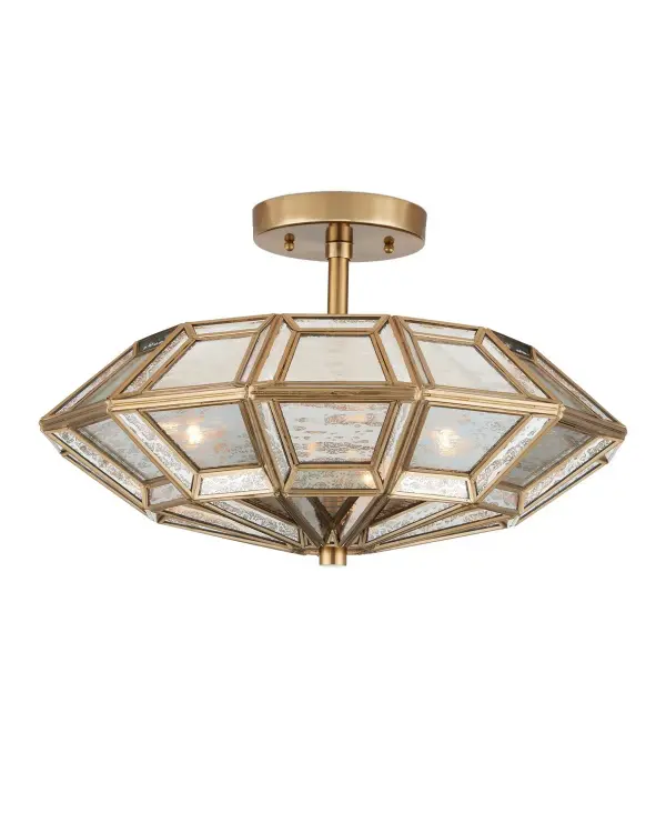 The Valentina combines vintage glamour with practical ceiling clearance. Its antique-mirrored glass panels and mixed brass/silver finish create sophisticated light reflection ideal for intimate spaces with lower ceilings.