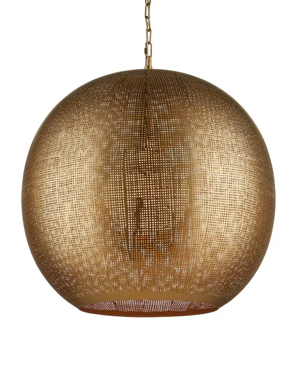 This striking 24-inch orb pendant features curved iron panels in warm antique brass, creating dimensional interest and sophisticated style. The open framework design allows light to cast beautiful patterns while maintaining visual lightness.