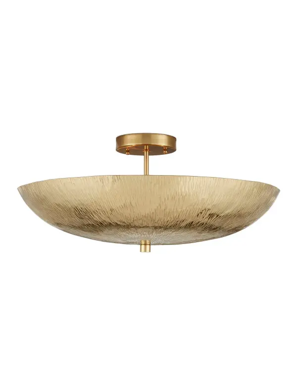 The Origo Semi-Flush Mount delivers sophisticated lighting with its polished brass finish and upturned bowl design. At 24 inches wide, it provides substantial presence while maintaining a low 10.25-inch profile ideal for standard ceiling heights.
