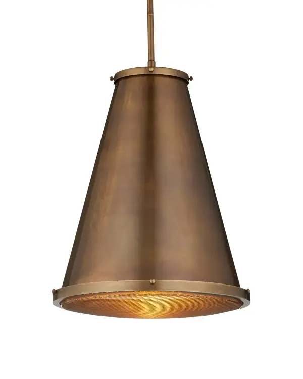 The Seafarer pendant combines timeless antique brass with distinctive pebbled glass for a refined coastal aesthetic. Its adjustable height and moderate scale make it versatile for various spaces.