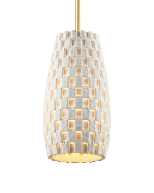 The Tessitura Pendant showcases innovative 3D-printed porcelain craftsmanship with a distinctive grid pattern that creates beautiful light diffusion. Its compact 5-inch diameter makes it ideal for tight spaces while the white and brass finish combination offers timeless versatility.