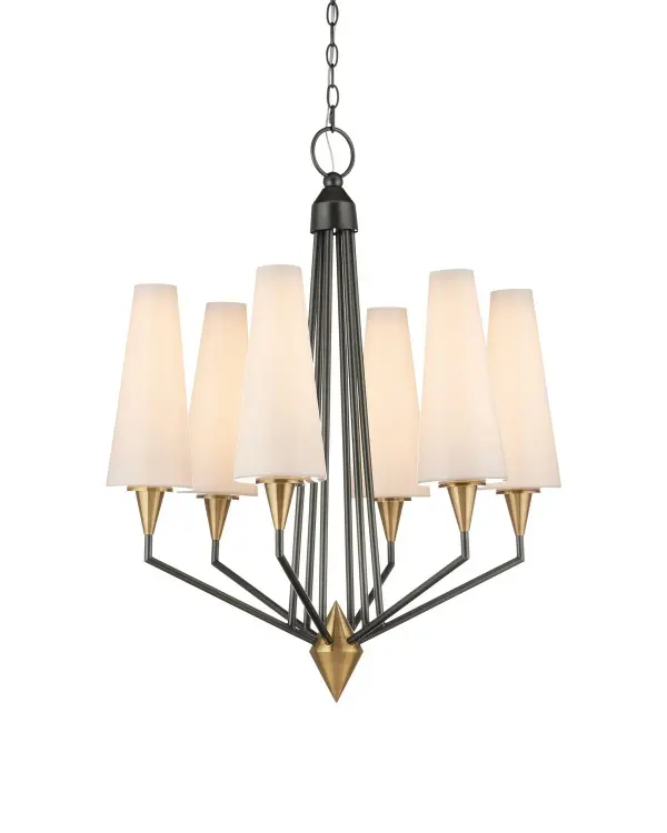 The Hennin Chandelier delivers bold Mid-Century modern style with its angular oil-rubbed bronze frame and polished brass accents. Integrated LED technology provides energy-efficient illumination with warm 2700K light.