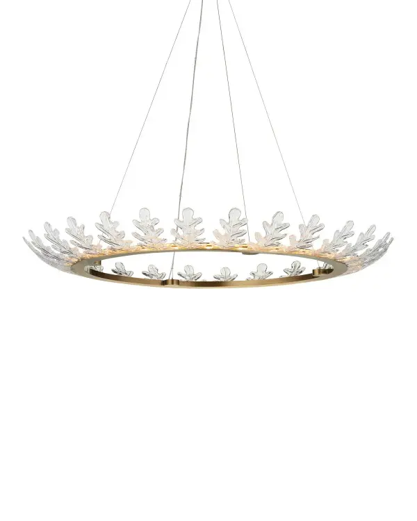 A stunning 47-inch chandelier featuring a crown of clear molded glass oak leaves on a slim brass ring. The organic design brings natural elegance to large spaces while integrated LED provides efficient, warm illumination.