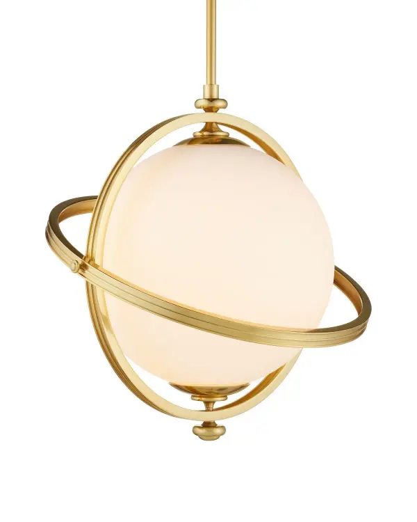 The Astral Pendant combines contemporary design with celestial inspiration through its distinctive circling brass rings and luminous white glass globe. The adjustable height and moderate scale make it versatile for various spaces.