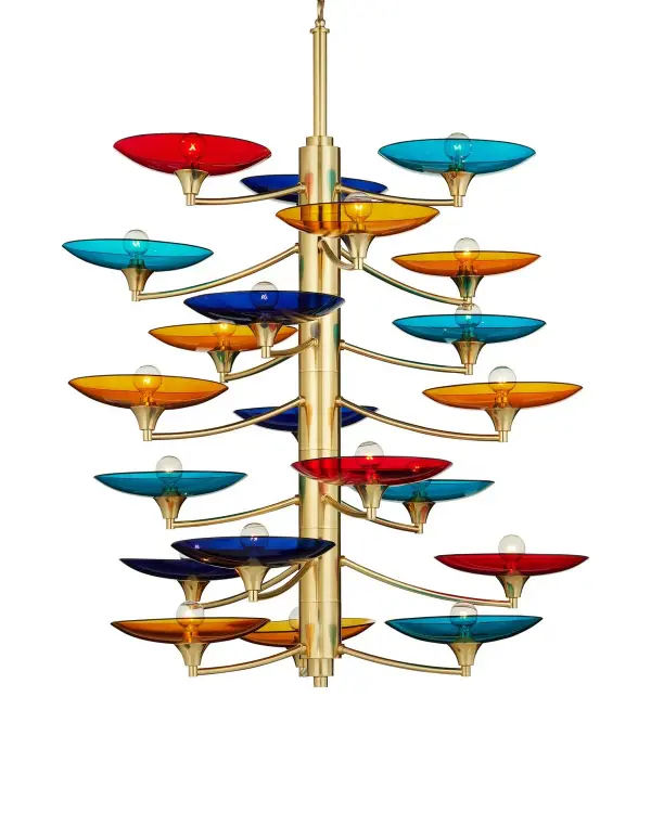 A stunning 21-light chandelier featuring colorful glass discs in blue, yellow, and red paired with polished brass. The dramatic 38.5" width and adjustable drop make it perfect for grand spaces seeking a bold, artistic focal point.
