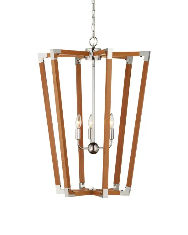 The Boyd Chandelier brings organic warmth through natural teak ribs in an elongated lantern silhouette. The polished nickel accents provide refined contrast while the open framework allows light to filter beautifully. Ideal for coastal, transitional, or organic modern spaces.
