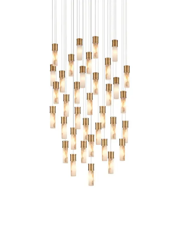 A show-stopping multi-drop pendant featuring 36 individual alabaster tubes suspended in a circular arrangement. The vintage brass fittings and natural alabaster create warm, diffused illumination perfect for grand spaces.