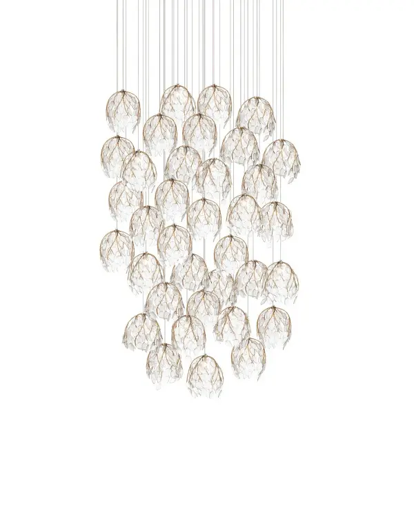 A dramatic statement piece featuring gold branch-like forms with clear glass leaves. The 36 integrated LED lights create a warm, layered glow perfect for grand spaces. Substantial size and weight require professional installation.