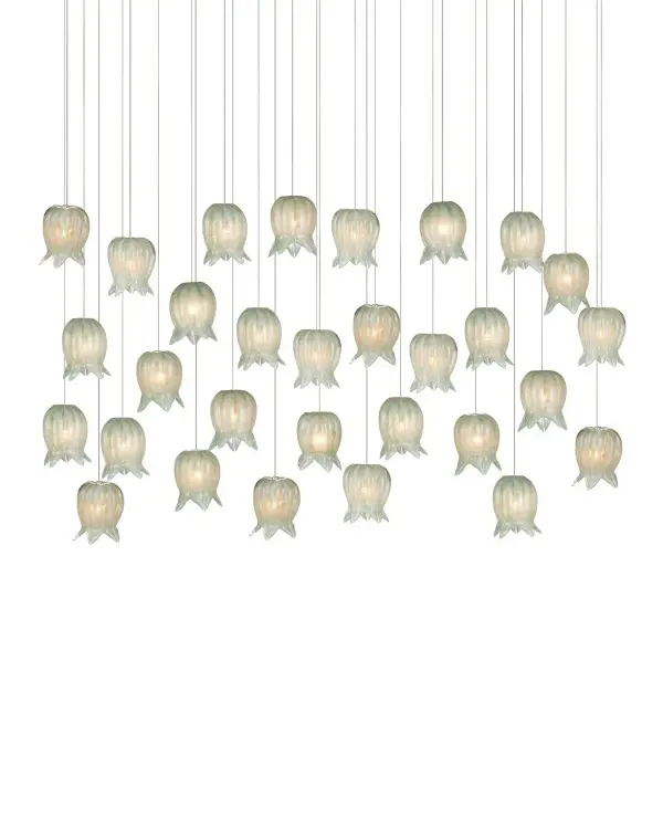 A dramatic linear pendant featuring 30 hand-crafted green art glass shades resembling lily-of-the-valley flowers. The substantial 54-inch length and multi-drop design create spectacular visual impact over large dining tables and kitchen islands.