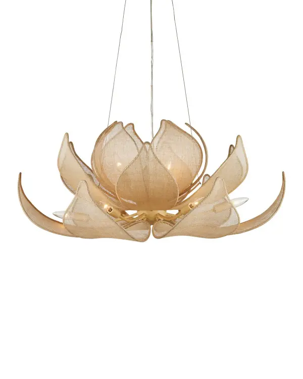 A stunning botanical statement piece featuring nine LED lights nestled within hand-wrapped abaca fiber petals. The lotus-inspired design combines organic materials with modern LED technology for an ethereal floating effect.