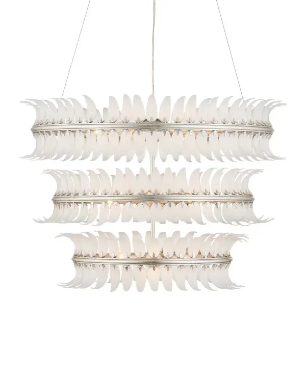 A stunning three-tiered chandelier featuring 288 hand-pinned frosted glass petals cut from recycled bottles. The contemporary silver leaf frame creates an elegant contrast with the organic glass elements, making it a sophisticated focal point.