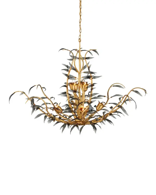 A show-stopping chandelier featuring 156 hand-pinned recycled black glass petals on a contemporary gold leaf frame. The feathery glass creates striking movement and contrast against the gleaming gold finish, making it perfect for grand spaces.