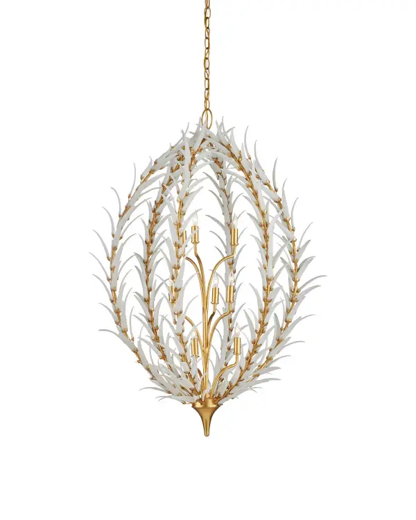 A dramatic nine-light chandelier featuring 360 hand-pinned curved white recycled glass pieces creating exceptional texture and movement. The tapered orb silhouette in warm antique gold leaf finish makes a sophisticated statement.