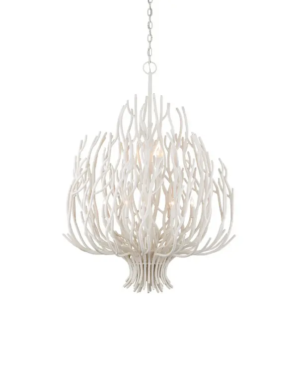 A stunning extra-large chandelier that brings coastal elegance indoors with hand-sculpted wrought iron resembling white coral. The intricate hand-applied finish and flowing organic form create a sophisticated focal point for spacious rooms.