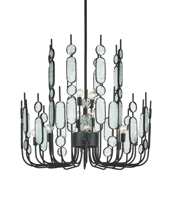 The Ettore makes a bold architectural statement with its iconic circle-and-racetrack glass pattern inspired by mid-century modern screens. Twelve lights illuminate through layered recycled glass creating dramatic light play and visual depth.