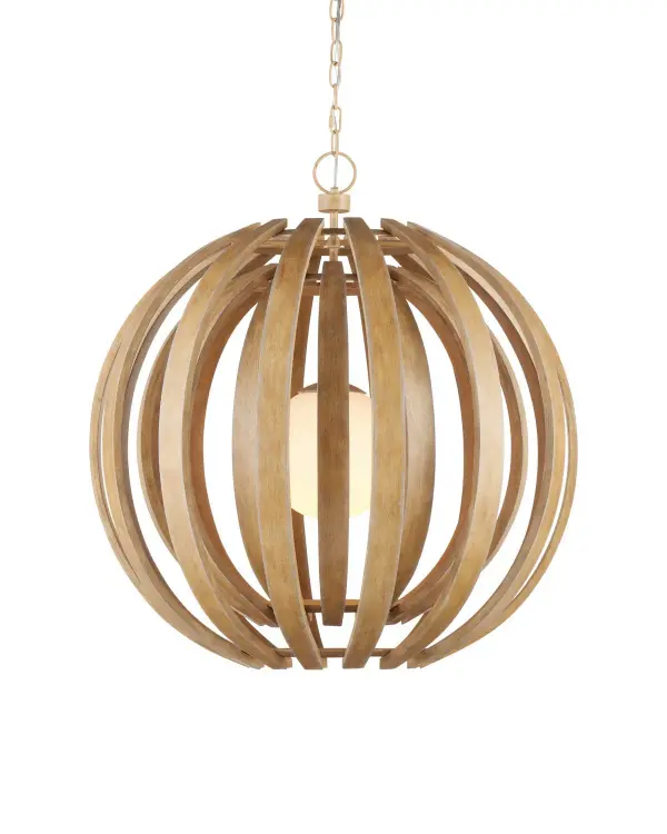 The Dryad Chandelier brings organic warmth through curved wood slats that form a striking orb. The natural ash finish and frosted globe create soft, ambient light with beautiful shadow play on surrounding surfaces.