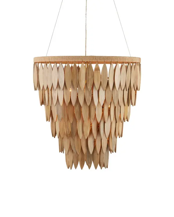The Quiver Chandelier brings natural elegance with 207 hand-cut bamboo ellipses cascading from paper twine-wrapped tiers. Its organic materials and artisanal craftsmanship create a warm, textured focal point perfect for coastal, modern, or eclectic interiors.