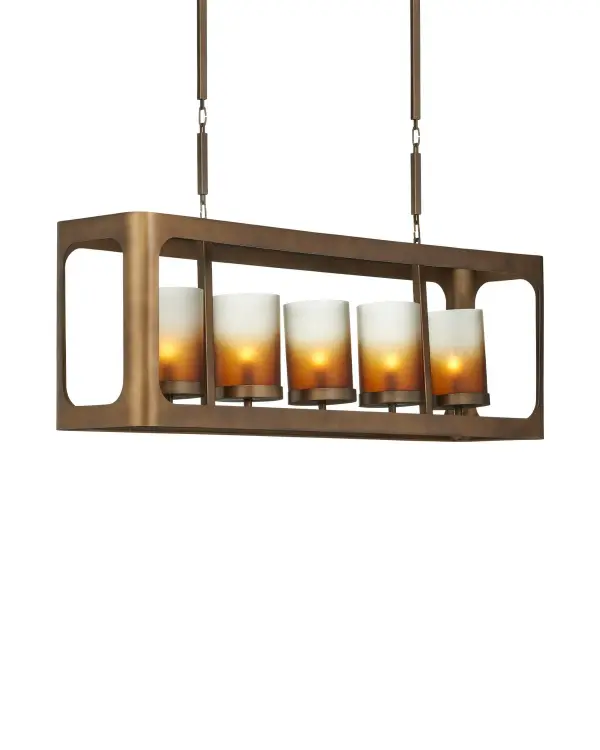 The Tenebroso brings dramatic visual interest with its five hammered glass shades that transition from frosted white to dark ochre. The smoke gold finish with aged-brass tones adds warmth and character, making it ideal for transitional and contemporary spaces.