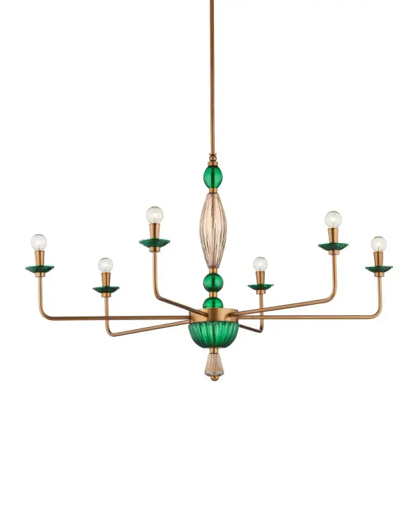 A stunning six-light chandelier that brings Old World elegance through hand-blown Venetian glass in emerald green and champagne tones. The aged gold finish and rippled glass bobeches create dramatic visual interest perfect for formal spaces.