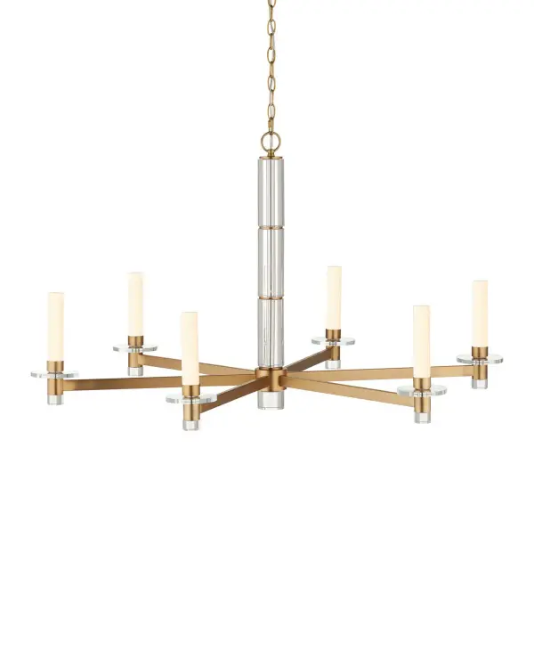 The Marcelo combines traditional optic crystal elegance with contemporary square-arm geometry. At 44.5 inches wide, it commands attention in large spaces while the antique brass finish adds warmth to the modern silhouette.