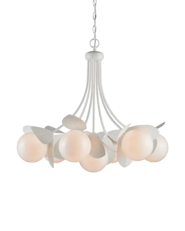 The Effloresce chandelier brings organic beauty indoors with its botanical-inspired design featuring pressed metal leaves and milk-white glass globes. The gesso white finish creates a soft, sophisticated look that works across traditional and contemporary spaces.