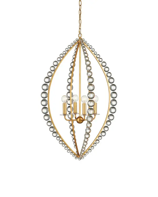 The Amadora chandelier combines Art Deco elegance with contemporary flair. Its elongated teardrop silhouette features graduated clear glass spheres that catch and reflect light beautifully against the warm antique gold finish.