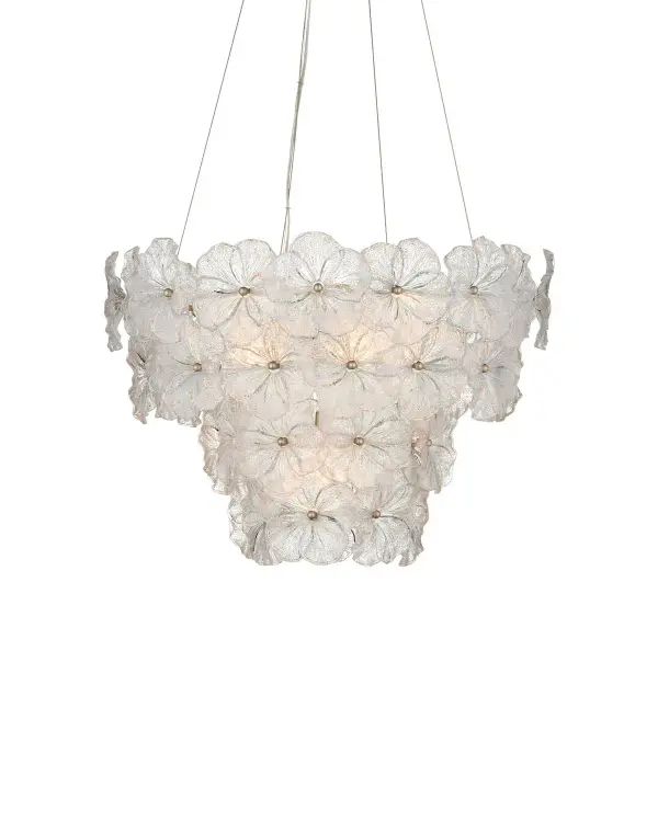 A stunning five-light chandelier featuring four tiers of clear glass flowers inspired by the Skeleton Flower. The champagne metal accents and floating cable suspension create an elegant, organic aesthetic perfect for modern interiors.