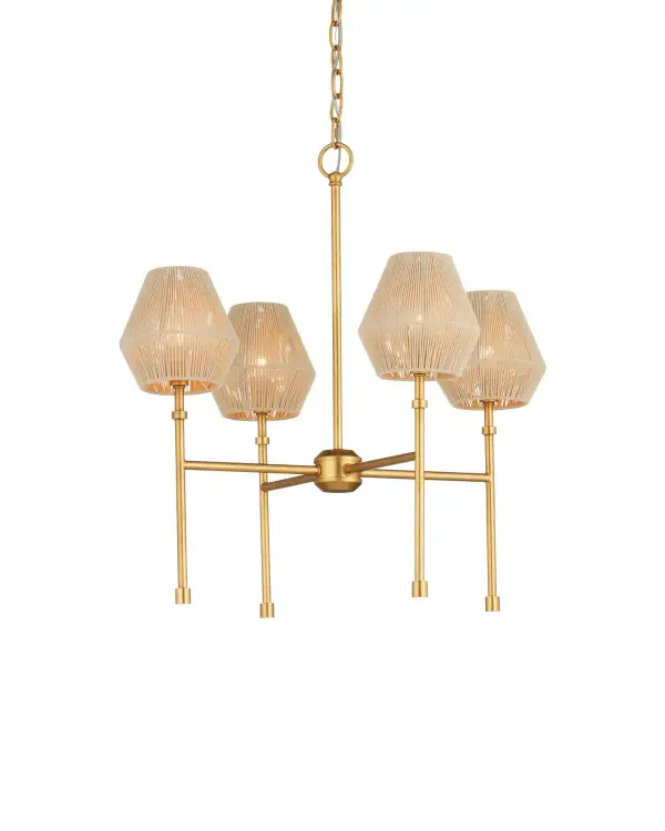 The Francie combines luxurious antique gold leaf metalwork with handcrafted woven cotton shades for a sophisticated yet approachable aesthetic. Each shade is painstakingly wrapped by hand, creating organic texture that softens the fixture's elegant gold frame. Energy-efficient LED technology and dimmability make it both beautiful and practical.