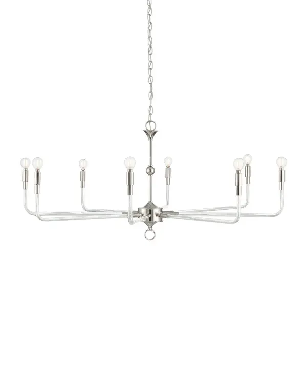 A striking contemporary chandelier that combines polished nickel with glass tube arms for a unique architectural presence. The wide 46-inch profile and eight lights provide excellent illumination for large spaces.