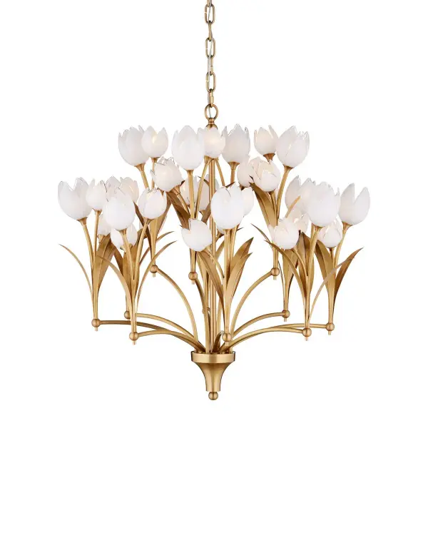 A stunning statement piece featuring 36 white art glass tulip blossoms on arcing brass arms. The playful floral design combines artistic craftsmanship with energy-efficient LED technology and dimmable functionality.