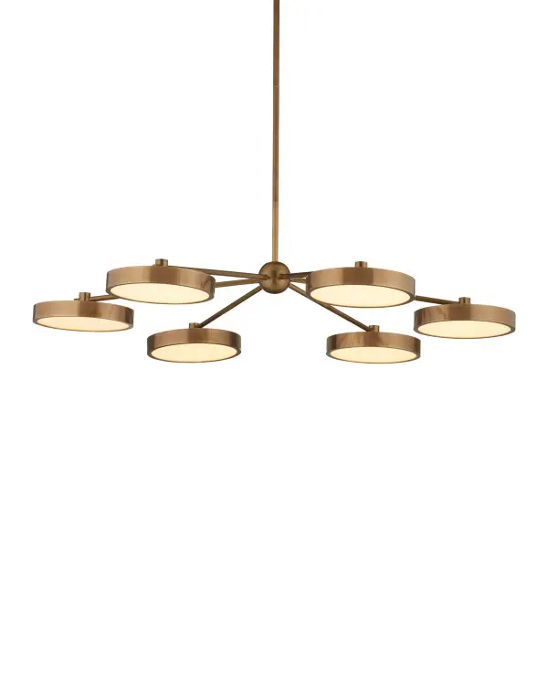 The Merrick LED Chandelier delivers bold contemporary style with its geometric design of straight metal rods radiating from a central hub. Six framed acrylic discs provide uniform LED illumination while the polished antique brass finish adds warmth to the modern aesthetic.
