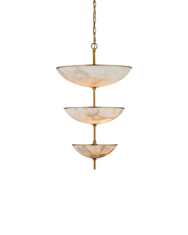 The Volterra combines timeless elegance with natural beauty through its luminous alabaster shades and antique brass finish. The three-tier cascading design creates visual drama while the natural stone veining ensures each piece is unique.