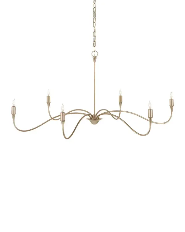 The Lardner chandelier combines classic elegance with practical versatility. Its sweeping wrought iron arms in a warm champagne finish create an airy yet substantial presence, perfect for traditional and transitional spaces.