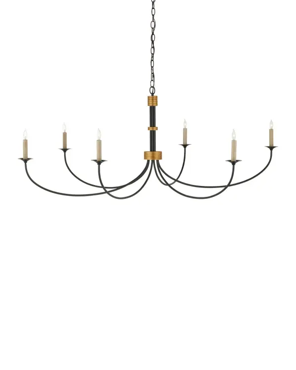 The Lawton Chandelier makes a bold statement with its 56-inch span and sophisticated mix of satin black and contemporary gold leaf finishes. Ornamental gold circlets accent the black stem, while six candle-style lights provide traditional elegance with modern flair.