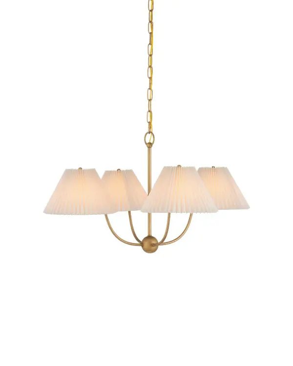 The Cedric chandelier combines classic brass metalwork with soft pleated fabric shades for a refined, traditional look. Its four arcing arms and adjustable height make it versatile for various ceiling heights and room sizes.