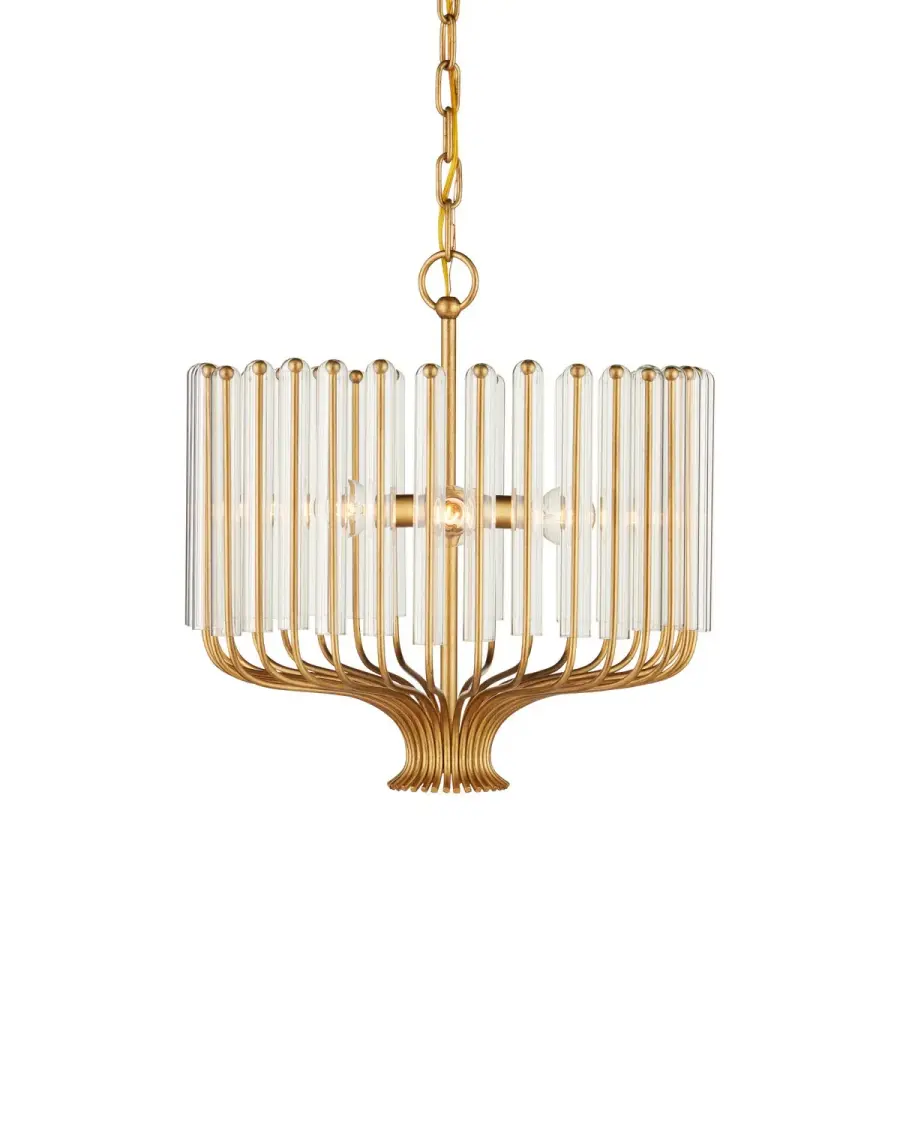 Faraday Three Light Chandelier in Brushed Brass with Clear Glass