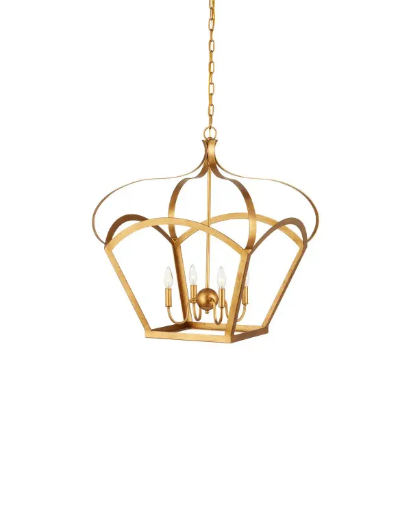 The Coronet lantern features distinctive curved metal bands that sweep upward like a crown, finished in luminous antique gold leaf. Its adjustable height and four-light configuration make it ideal for foyers and dining spaces.