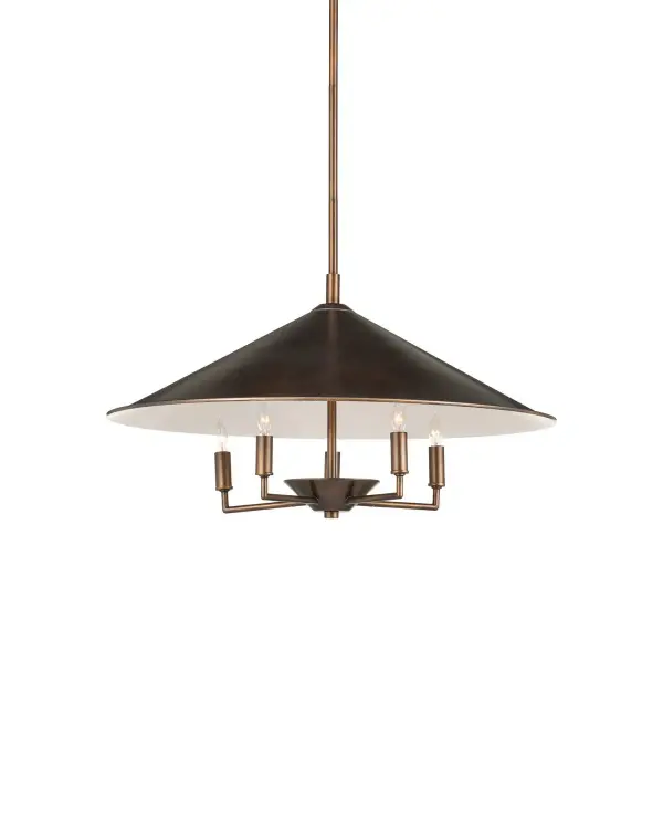 The Barnaba brings sophisticated simplicity with its flared drum shade and minimalist five-arm design. The brushed brown exterior paired with off-white interior creates warm, diffused light perfect for intimate dining spaces.