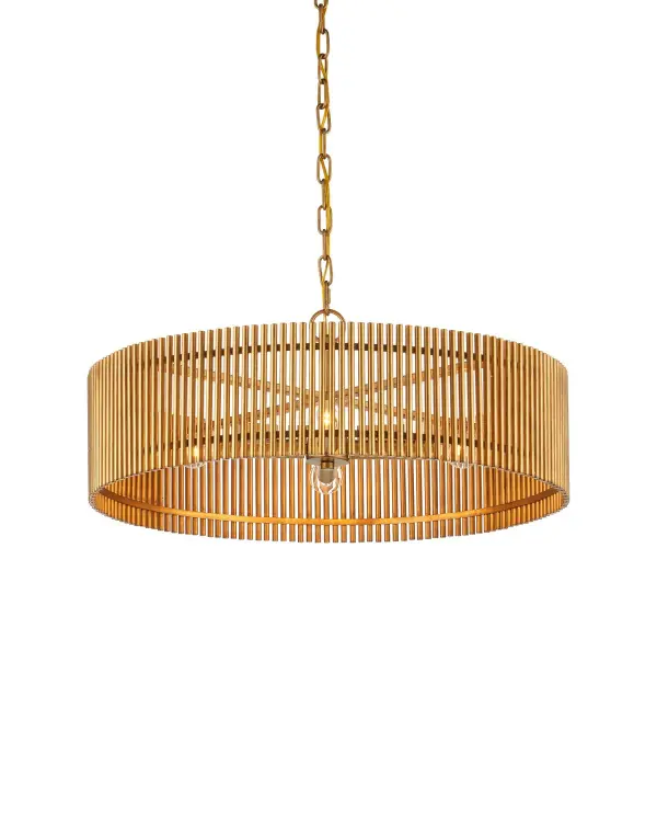 The Lavenham brings architectural precision to any space with its circular rings and uniformly spaced metal ribs. The brushed brass finish adds warmth while the geometric design casts captivating patterns when lit.