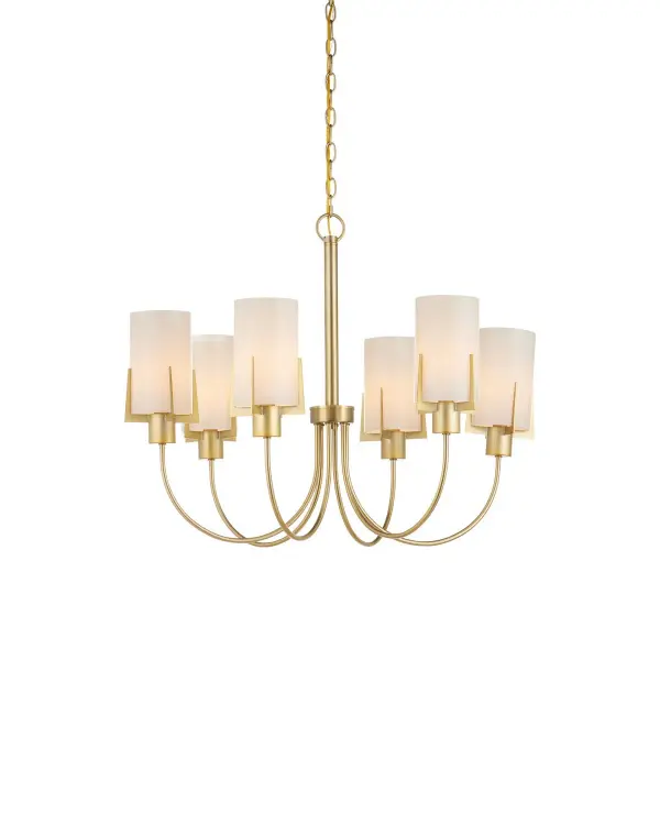 The Macklin brings an elegant, jewelry-like quality to any space with its sweeping curved arms and prong-set white glass shades. The plated brass finish catches and reflects light beautifully, creating ambient warmth.