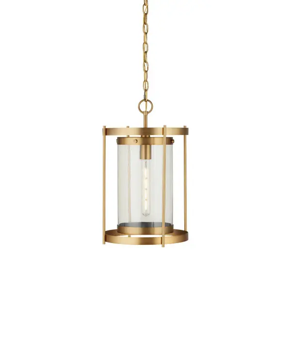 The Pippin Pendant combines traditional lantern styling with contemporary refinement. Its layered circular frame and clear glass cylinder create visual depth while the antique brass finish adds warmth to any space.