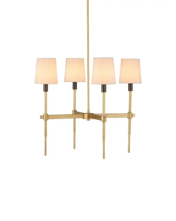 The Grigsby combines clean geometric lines with warm mixed metals, creating a refined transitional piece. Its slim profile and white fabric shades offer versatile styling that bridges traditional and contemporary spaces.