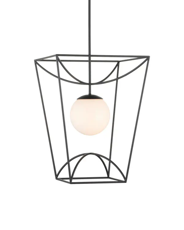 The Rochefort lantern brings sophisticated mid-century design to outdoor spaces with its delicate black frame and milky white glass globe. Weather-resistant construction and adjustable height make it versatile for various applications.