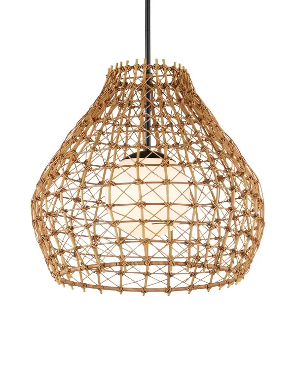 The Bly Outdoor Pendant combines coastal charm with durability through its intricate all-weather wicker weave and powder-coated black metal frame. Wet-location rated and adjustable in height, it brings textured warmth to covered outdoor spaces.