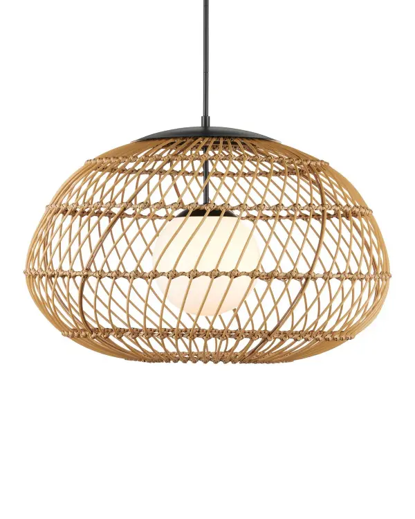 The Carriage Pendant combines coastal charm with modern durability. Its distinctive melon-shaped wicker shade features a dynamic slanted weave pattern that creates visual movement and texture. Wet-rated for true outdoor use.