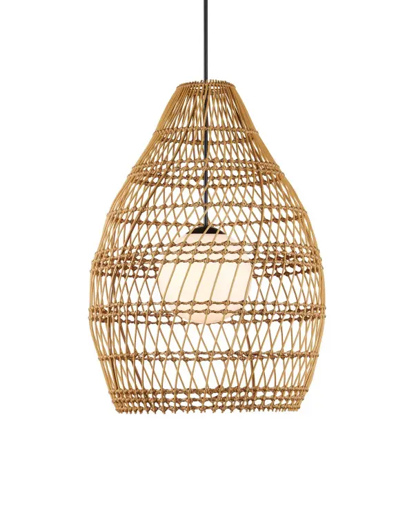 The Fishtrap Pendant brings relaxed coastal style to outdoor spaces with its distinctive pear-shaped wicker shade. The angled weave creates visual movement while all-weather synthetic materials ensure durability. Wet-location rated for covered porches and patios.