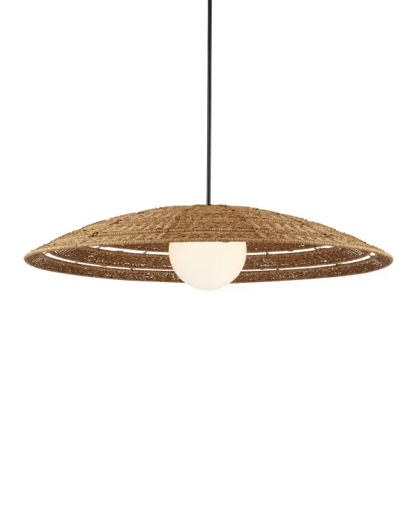 The Barbary Pendant combines coastal charm with artisanal craftsmanship. Its 42-inch hand-woven wicker shade creates dramatic presence while the frosted glass globe provides warm, diffused light. Wet-rated for true outdoor use.