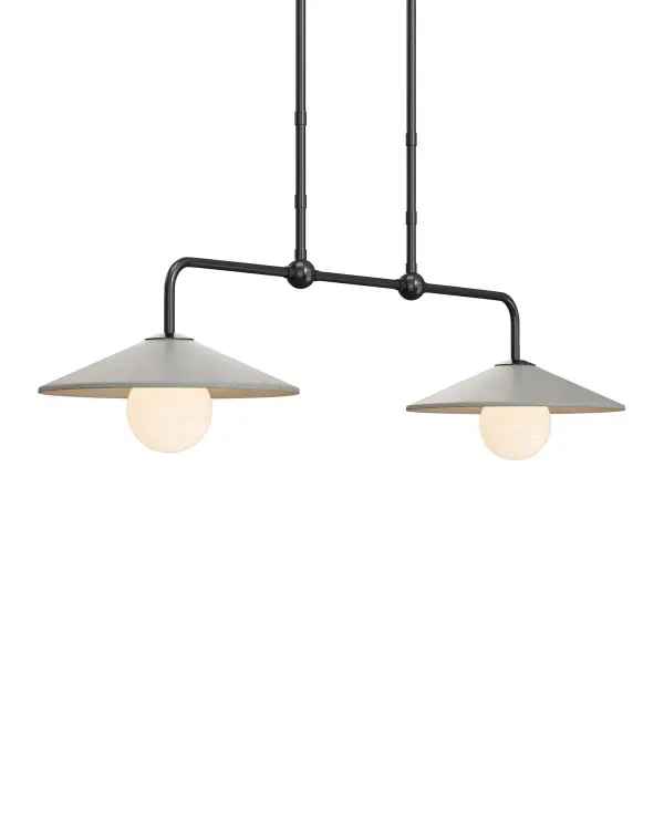 A striking linear pendant featuring cast concrete shades with subtle pebbled texture. The dual-light design combines raw industrial materials with refined frosted glass for sophisticated outdoor illumination.